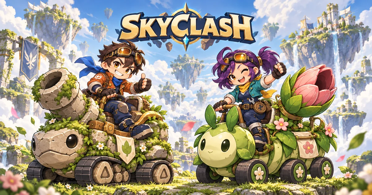 Sky Clash characters riding stone and plant battle vehicles beneath the game logo